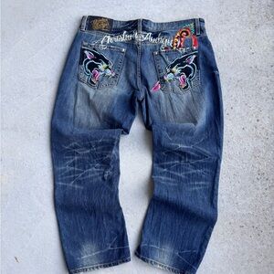 Christian Audigier Men's Blue Denim Jeans with Embroidered Panther Pocket